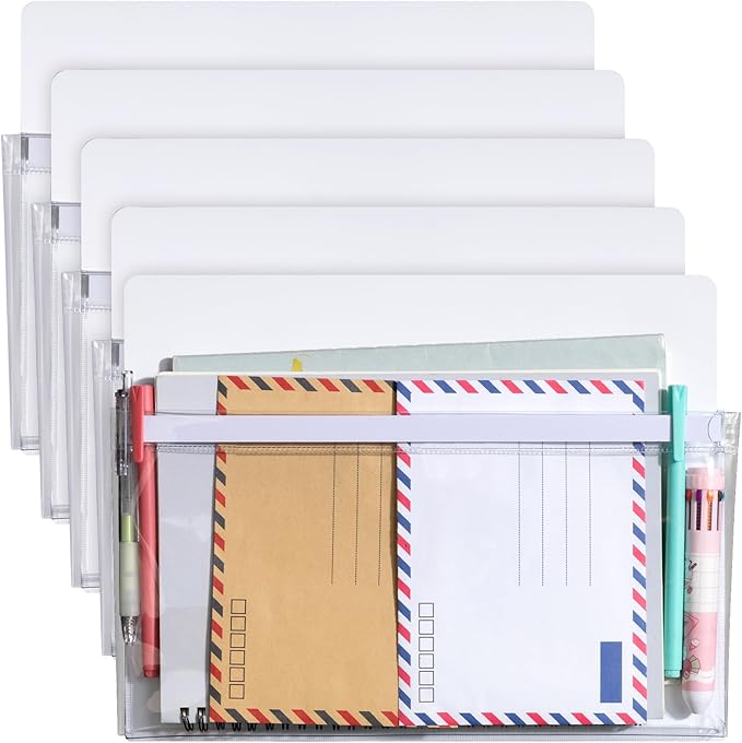 Henoyso 5 Pcs Magnetic File Holder 12 x 9.5 inches Paper Holder Magnetic Pen Dry Erase Marker Organizer Fridge Pocket Organizer for Whiteboard Refrigerator (White)