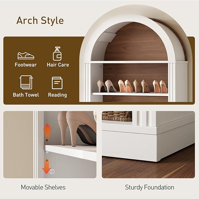 RALGEND Arched Bookshelf, 73" Tall Arch Bookcase with Drawers, 6-Tier Farmhouse Book Shelf, Wooden Bookshelf with Open Display Shelves for Living Room, Office, Adjustable Shelf, Walnut and White