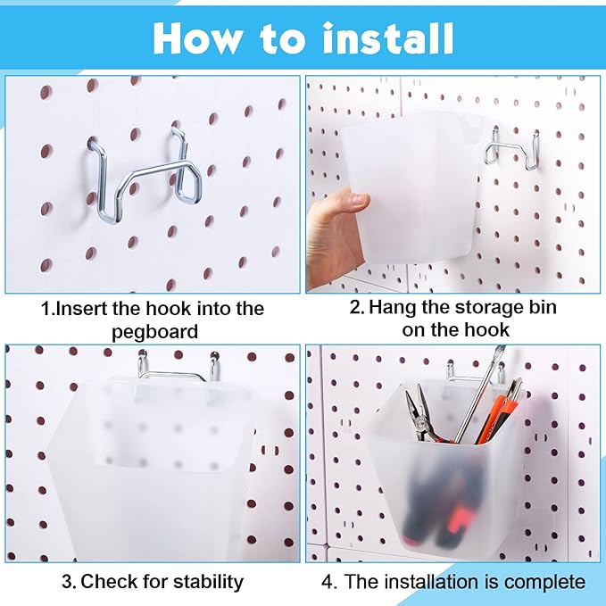 Namalu 12 Pack Pegboard Storage Bins with Labels and Hooks Bulk Peg Board Organizer Accessories Hanging Cup Organizer Pegboard Cup Holder(Transparent)