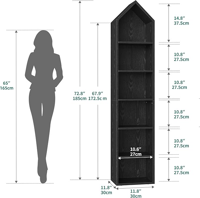 YITAHOME 73" Tall Narrow Bookshelf, Modern Open 5 Tier Bookcase, Wooden Shelf Stand for Small Spaces, Display Shelving Storage Rack for Bedroom, Living Room, Home Office, Black