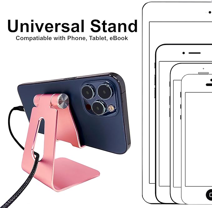 Phone & Tablet Stand Adjustable Multi‑Angle Aluminum Phone & Tablet Stand Non‑Slip Dock/Cradle/Charging Station for Desktop, Bed, Kitchen, Office (Rose Gold)