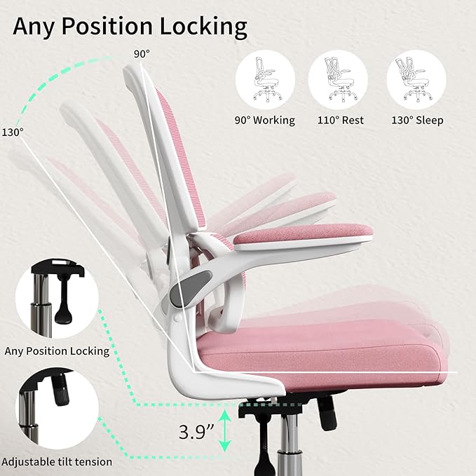 Office Chair, Ergonomic Desk Chair - Thick Cushion Adjustable Height Computer Chair with Lumbar Support and Flip-up Armrests, Pink Home Office Desk Chairs, Swivel Executive Task Chair…