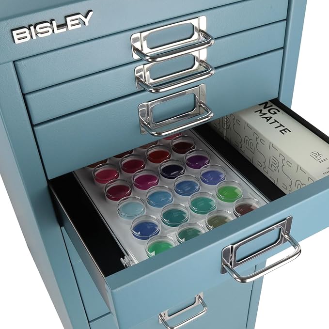 Bisley 8-Drawer Steel MultiDrawer Cabinet - Doulton Blue, Chrome Pull Handles with Label Holders, Powder-Coated Steel, Removable Drawers, Fits Under Most Desks, Labels Included