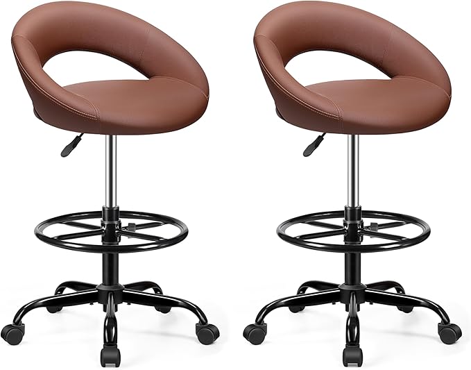 BESTFAIR Drafting Chair with Back, Height Adjustable Rolling Stool with Foot Rest, Tall 360° Swivel Stool PU Leather Chair with Wheels for Home Office, Standing Desk, Brown 2 Pack