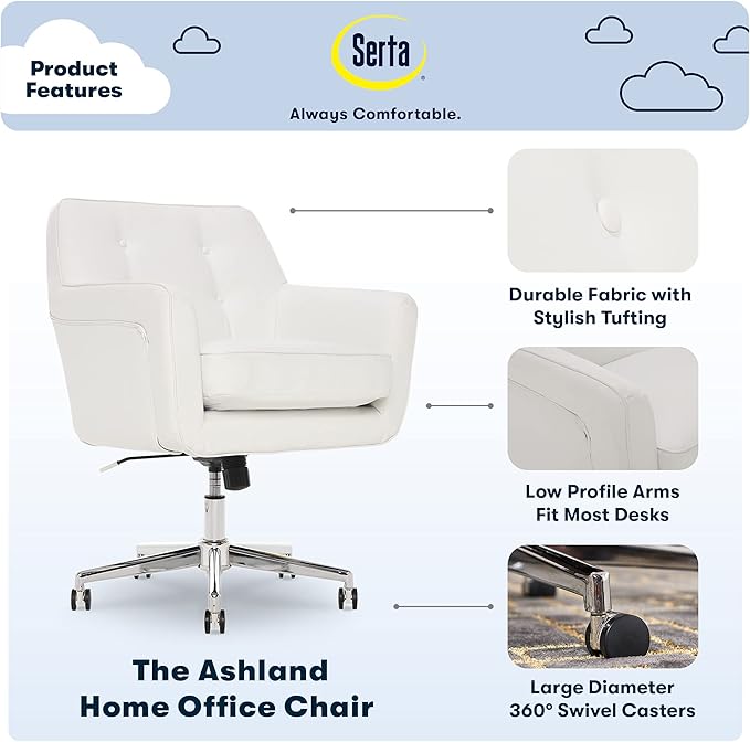 Serta Ashland Home Office Desk Chair with Button Tufted Mid-Back, Memory Foam Cushion, Modern Vanity Armchair