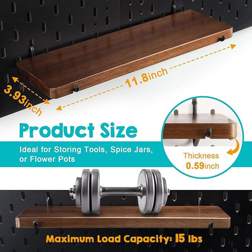 2 Pack Walnut Color Pegboard Shelf, Peg Board Organizer Accessories, Compatible with IKEA Skadis Pegboard for Home Office, Craft Room, Gaming