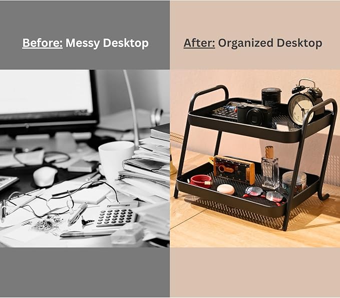 2-Tier Desk Organizer Multifunctional Storage Shelves for Office, Dresser, Kitchen, Stylish Organizer for Cosmetics, Office Supplies, Food, Compact, Durable, Space-Saving Design for Women
