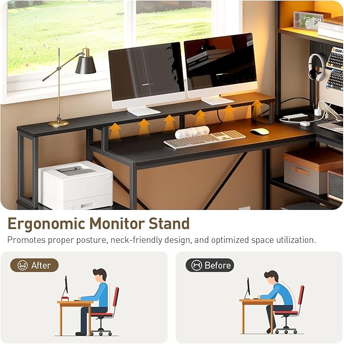 RALGEND 75inch L Shaped Computer Desk with Drawers, Large Gaming Desk with LED Light & Power Outlets, Corner Computer Desk with Storage Shelves & Monitor Stand for Home Office, Black