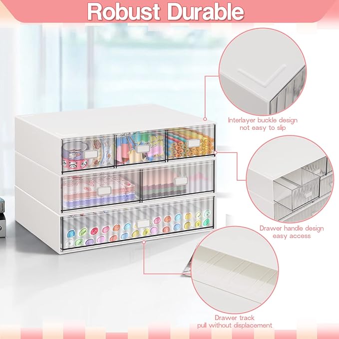 3 Tier Stackable Desk Organizer with 6 Drawers, YOCOMEY Plastic Desktop Storage Box Drawers, Detachable Makeup Storage Office Stationery Supplies Organizer for Office School(White)