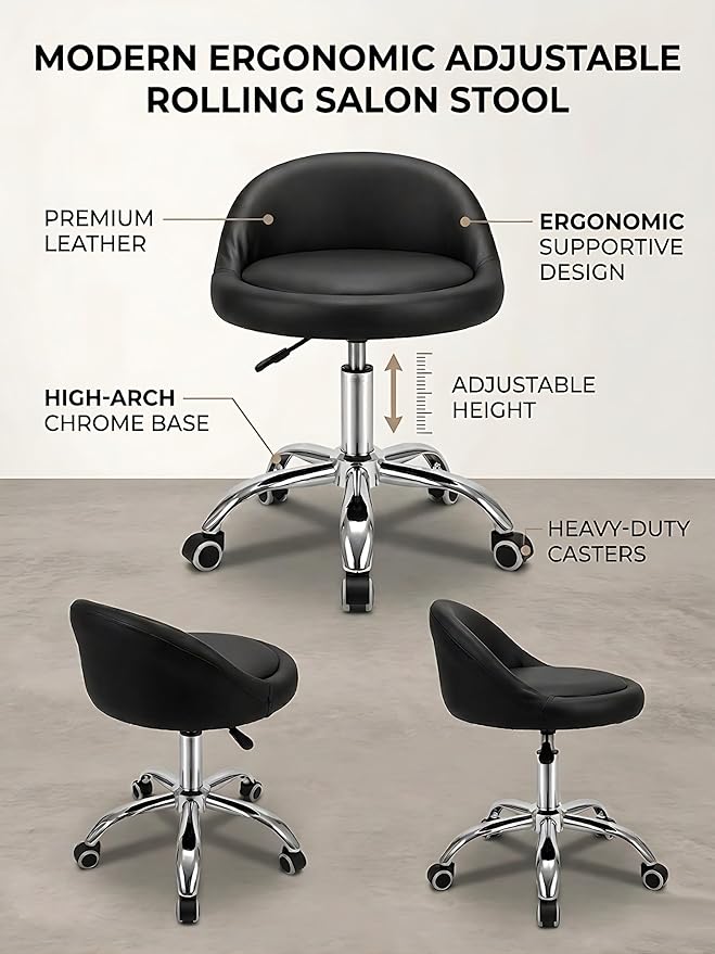 combofix Adjustable Rolling Stool with Backrest, 15" Round PU Leather Swivel Stool, Heavy Duty 400lbs Office Chair with Wheels, for Salon Tattoo Drafting Work SPA Massage Home Office, Black