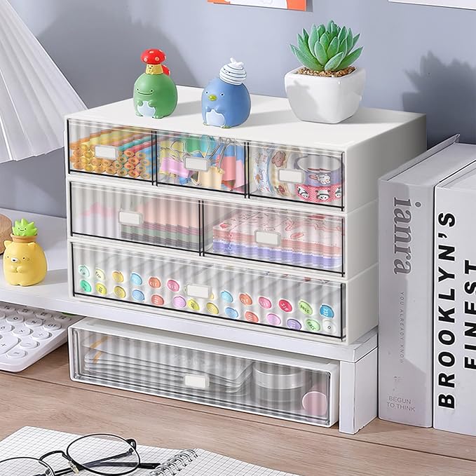 3 Tier Stackable Desk Organizer with 6 Drawers, YOCOMEY Plastic Desktop Storage Box Drawers, Detachable Makeup Storage Office Stationery Supplies Organizer for Office School(White)