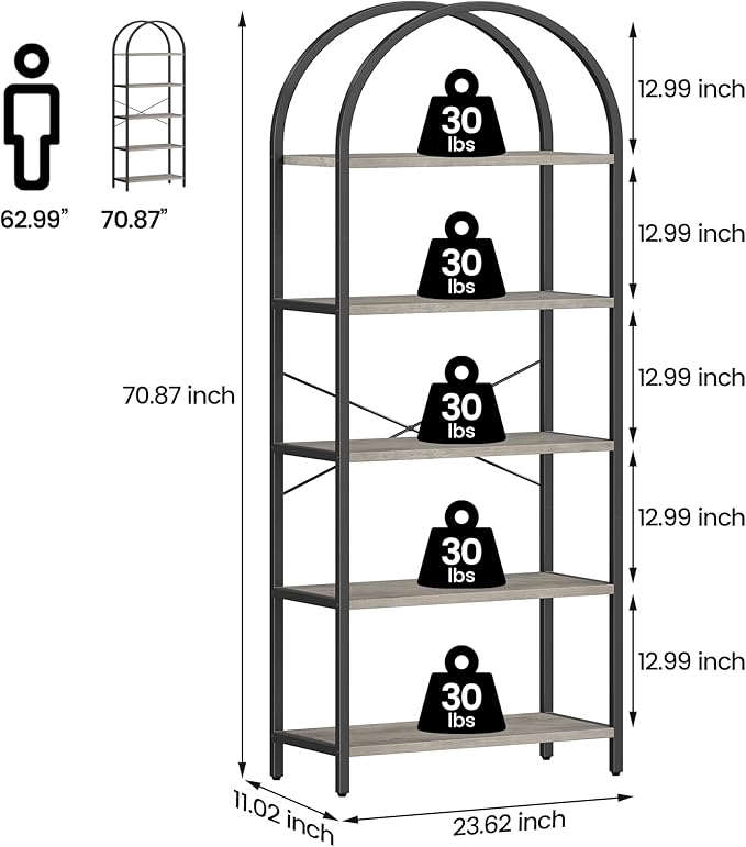 IDEALHOUSE Bookshelf 5 Tier Bookcase Arched Display Racks Tall Standing Bookshelves Metal Frame Modern Storage Rack Shelf Large Wood Book Shelf for Bedroom, Living Room, Home Office (Grey)