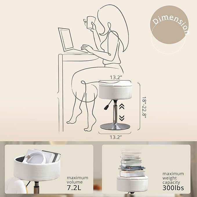 LUE BONA 360°Swivel Vanity Stool Chair for Makeup Room, Height Adjustable Stool for Vanity with Storage, Small White Faux Leather for Bathroom, Living Room