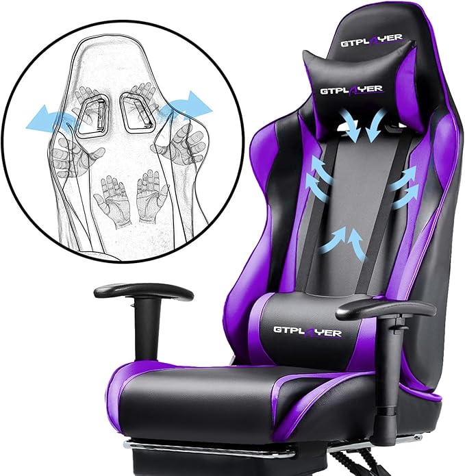 GTPLAYER Gaming Chair with Footrest, Ergonomic Computer Game Desk Chair, Reclining Gamer Chair Seat Height Adjustment, Swivel Rocker with Headrest and Lumbar, Purple