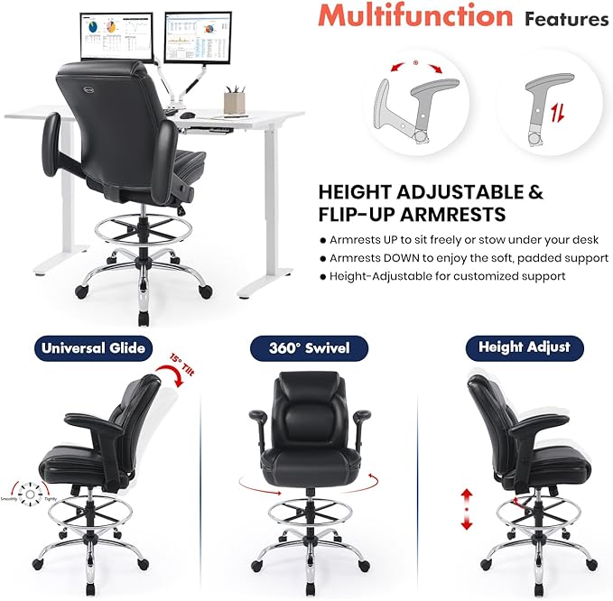 Ergonomic Mid-Back Premium Faux Leather Adjustable Drafting Chair with Multi-Function Arms and Foot Ring, Standing-Desk Matched Tall Swivel Computer Office Stool, Black