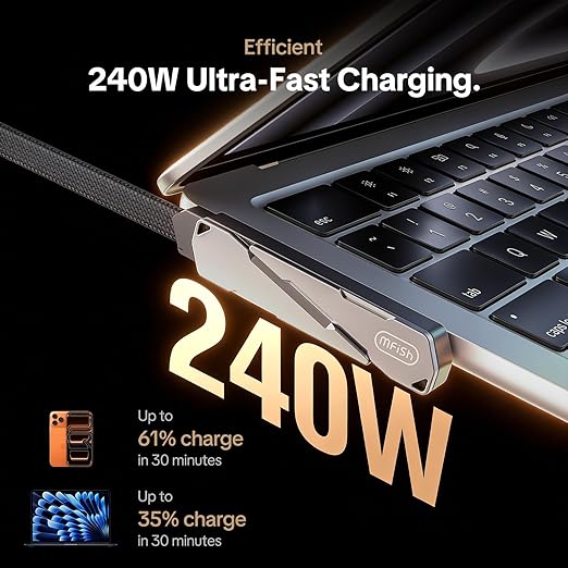 MFish 240W USB C to USB C Cable, Type C Fast Charging Cable with T-Shaped Stand, 90° Right Angle Gaming Cable for iPhone 17/16/15, MacBook, Tablet, Galaxy S25/S24, Braided Durable 3.93FT