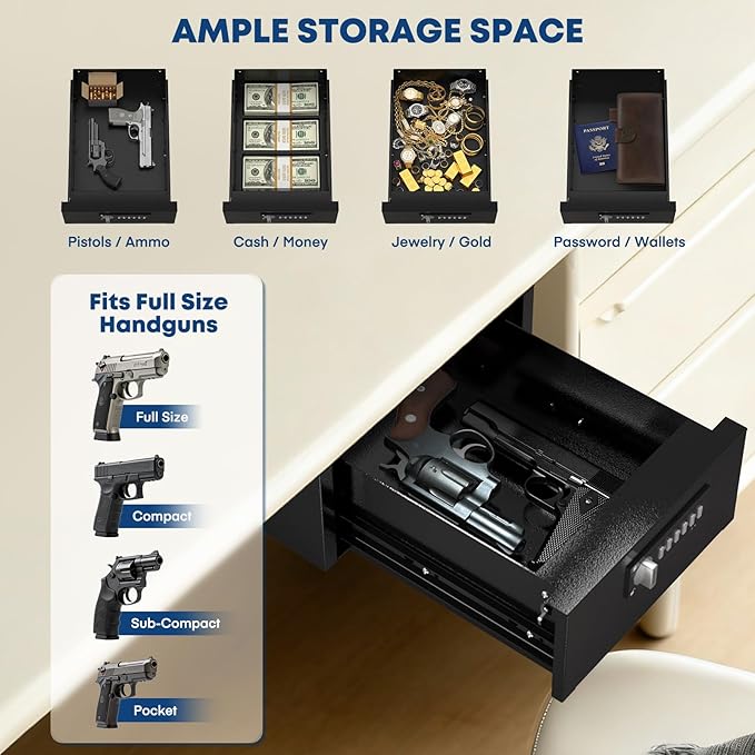 POCHAR Under Desk Gun Safe with Electronic Keypad & Key Lock - Steel Slide-Out Handgun Safe Storage Drawer for Home, Office, Garage, Car - Quick Access Hidden Gun Vault for Pistol & Valuables