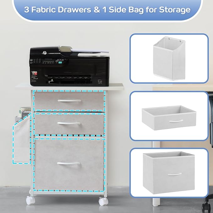 Printer Stand with 3 Fabric Drawer, Mobile File Cabinet for Home Office with Storage Bag, Rolling Under Desk Organizer Shelf, Fits A4 or Letter Size, Complete Top Plate Fast Assembly (White)