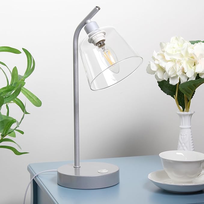 Simple Designs LD1074-SLV 15.75" Sleek Essentials Modern Industrial Metal Desk Lamp with Clear Glass Shade and Dual USB Ports, for Office, Desk, Nightstand, Dorm, Silver
