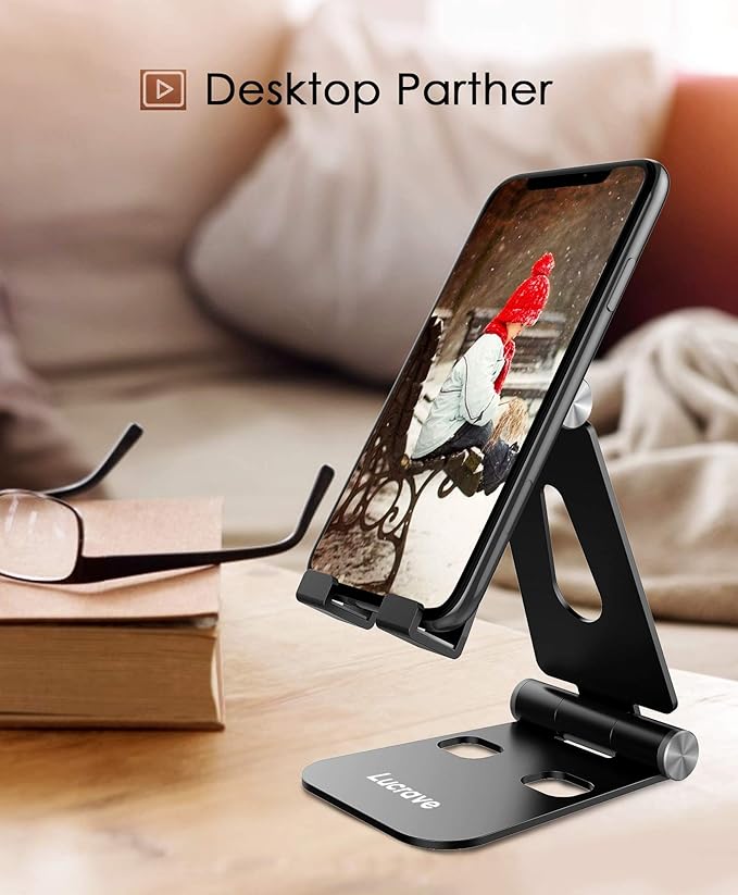 Cell Phone Stand, Updated Adjustable Desktop Phone Holder Cradle,Fully Foldable, Thick Case Friendly, Portable Aluminum Compatible with All Mobile Phones, Switch, Tablets(4-10in)-Black