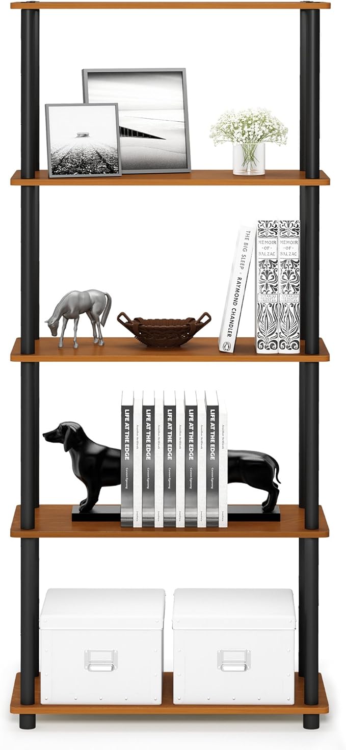 Furinno Wire Book Shelf, 5-Tier Industrial Style Metal Frame Bookcase, Display Shelf, 24 Wide, Walnut Cove