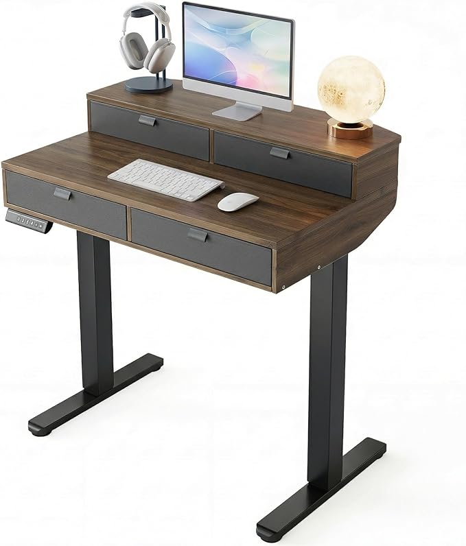 HUANUO 32 x 20 inch Electric Standing Desk with 4 Drawers, Adjustable Height Sit Stand Home Office Desk, C-Clamp Mount Compatible, Ergonomic Stand up Desk with 4 Preset Heights, Walnut