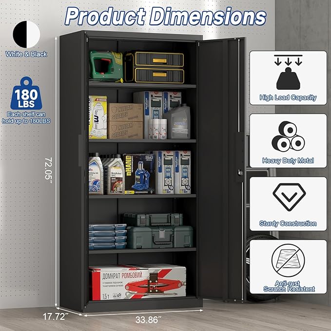 72''H Tall Metal Garage Storage Cabinet with Lock, 18'' Deep Metal Storage Cabinets with Doors and 4 Adjustable Shelves, Heavy Duty Steel Locker for Garage, Warehouse, Home Office, Black