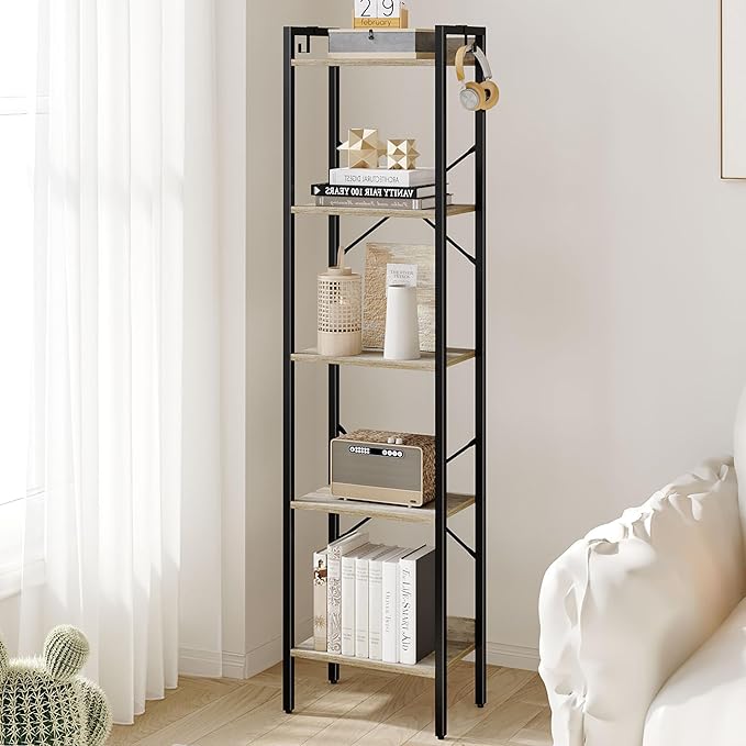 Hzuaneri Bookshelf, Book Shelf, Industrial Bookcase with 2 Hooks, Coner Shelf Storage Organizer for Home Office, Living Room, Bedroom, Kitchen, 5-Tier Greige BC10505B