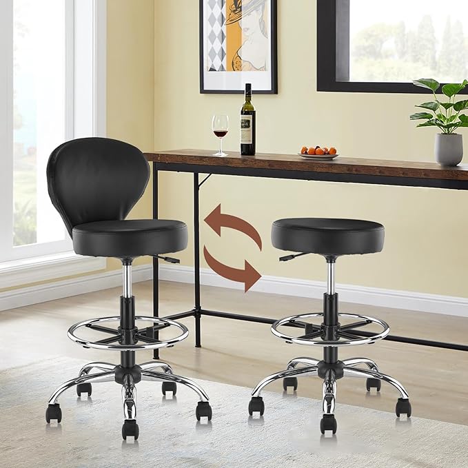 KLASIKA PVC Faux Leather Drafting Chair Rolling Swivel Salon Stool Seat Adjustable Height 30 Inch with Back Support Foot Rest Hydraulic Wide Seat Diameter 15 in for Tattoo Beauty Barber Lash