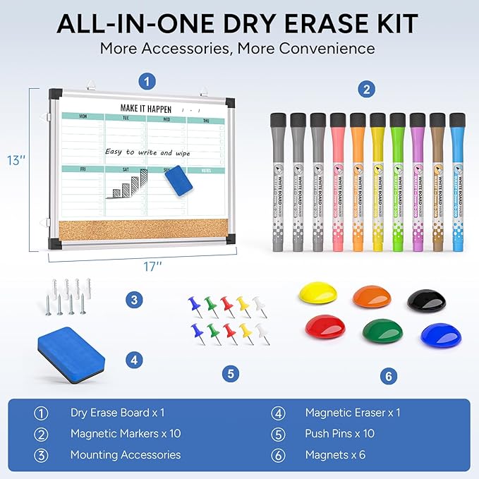 Marsrock Weekly Calendar Whiteboard and Cork Board Combo for Wall, 17"x13" Reversible Hanging Dry Erase Board, Double Sided White Board with Aluminum Frame for Planning, Office, Kitchen, School, Home