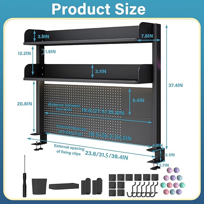 Clamp On Desk Shelf Organizer, Clamp On Desk Pegboard,Computer Desk Accessories for Office, Privacy Panel for Gaming Desk, Clamp-On Desktop Shelving System,Black (31.5in)