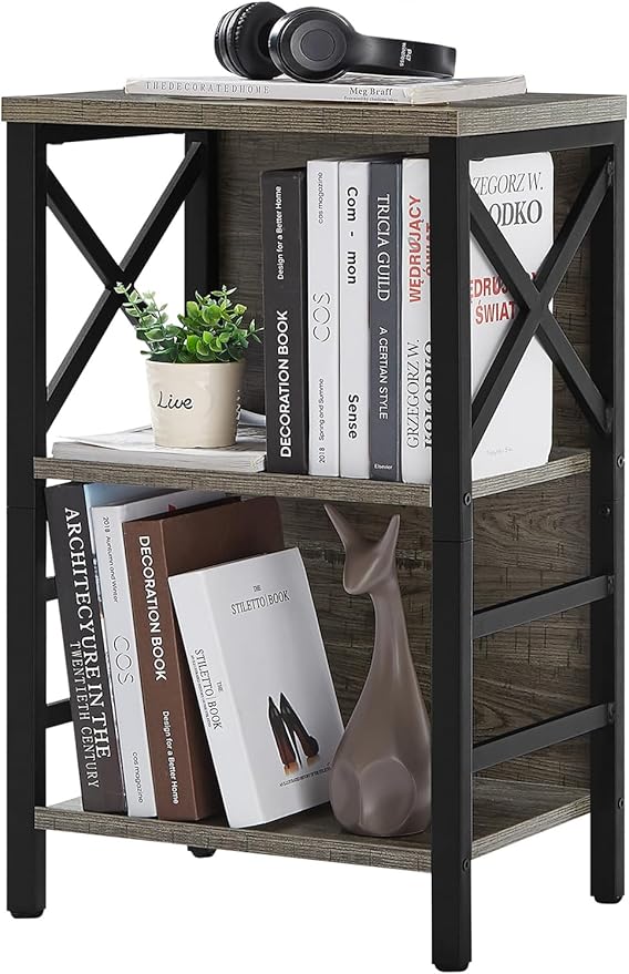MNEETRUNG Small Bookcase,3 Tier Industrial Bookshelf with Metal Frame and Backboard,Low Grey Book Shelf,Book case for Small Spaces,Living Room,Bedroom and Home Office