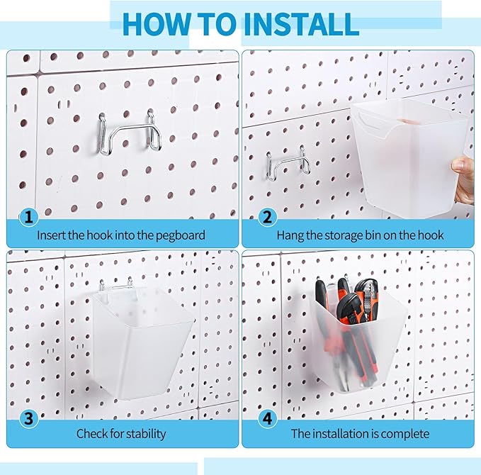 Uiifan 18 Set Pegboard Bins Kit Plastic Pegboard Cups with Metal Hooks Wall Containers Organizer Accessories with Label Stickers for DIY Tools Craft Office Workshop Garage Storage(Clear)