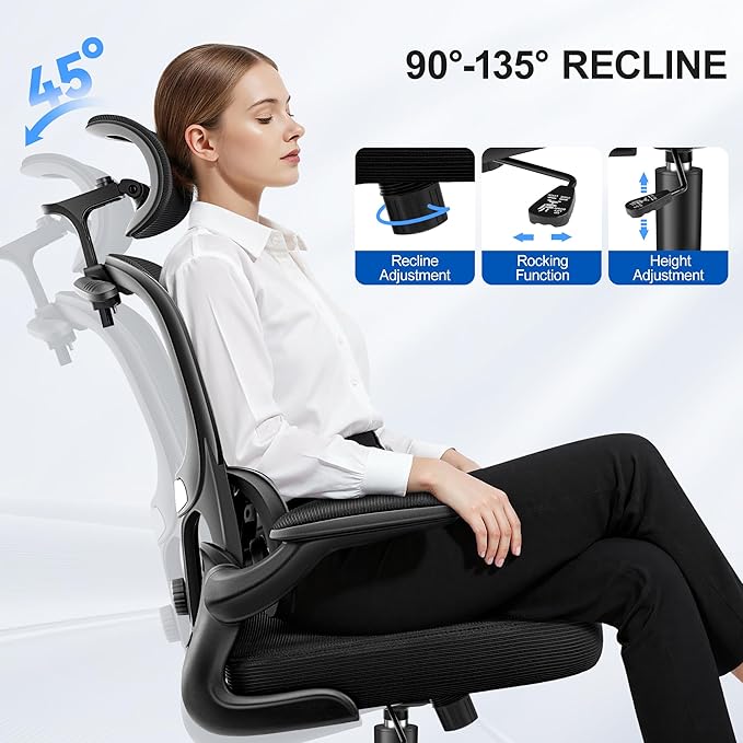 ALLGOD Ergonomic Office Chair, Mesh Desk Chair with Lumbar Support, High Back Home Office Chair with Adjustable Headrest and Flip-Up Arms, Comfortable Computer Chair, Thick Cushion, Black-2 Pack