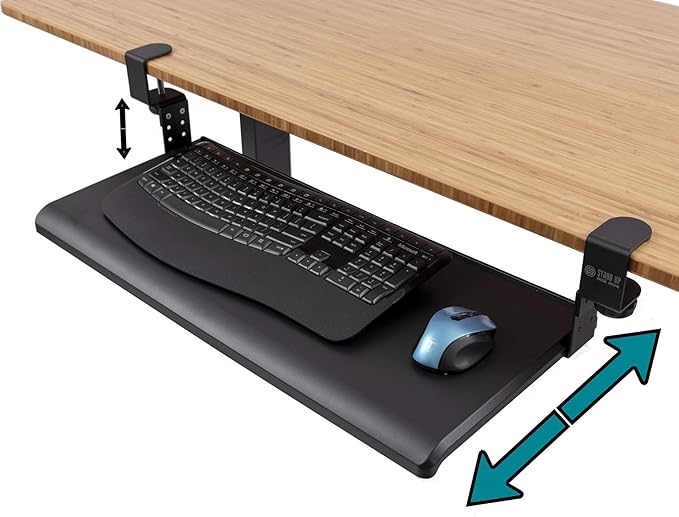 Stand Up Desk Store Large Clamp-On Retractable Adjustable Height Under Desk Keyboard Tray | for Desks Up to 1.5" (Large, 33" Wide)