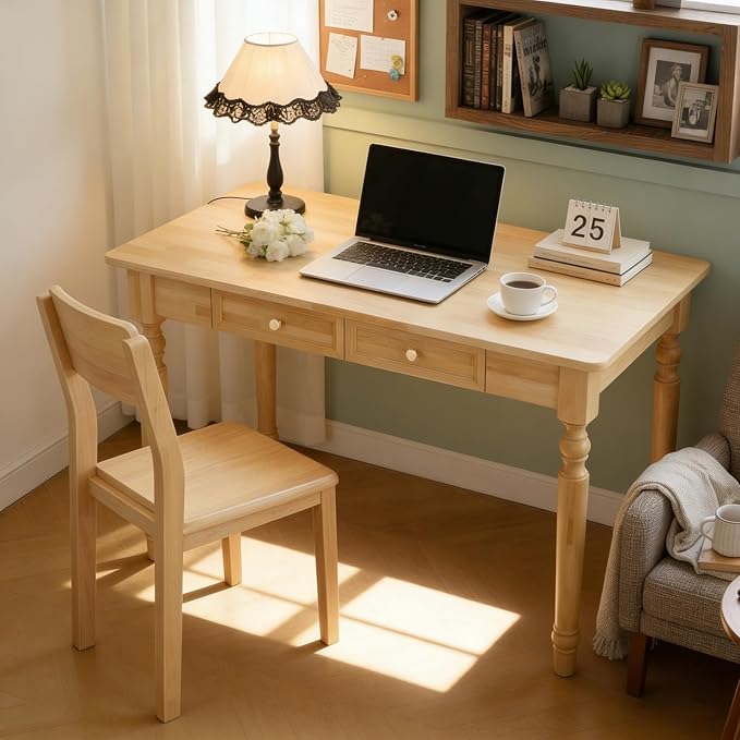 47.2in Country Desk and Chair Set, Home Office Computer Desk with Ergonomic Office Chair, Wooden Writing Desk Study Table, for Bedroom, Office or Student Workstation(Nature,47.2'' x 23.6'' x 29.5'')