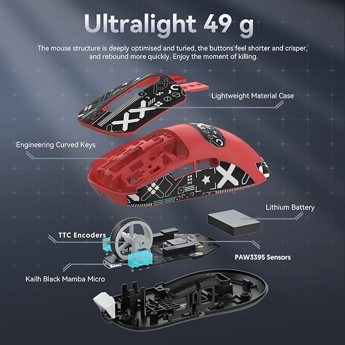 MAMBASNAKE Attack Shark X3 Wireless Gaming Mouse, 49g Ultralight, PixArt PAW3395 26000 DPI, Bluetooth/2.4Ghz /Wired Tri-Mode, 200Hrs Rechargeable Battery, Kailh GM8.0 Switch for PC/MAC/Win - Red&Tape