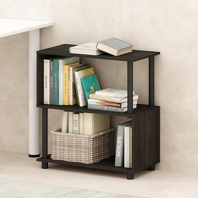 Furinno Reed Book Shelf, 3-Tier Bookshelf with Open Shelf, Geometric Bookcase with S-Shaped Frame, 11.8 x 23.6 x 25.4, for Living Room, Bedroom, Home Office, Espresso