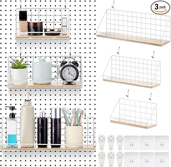 Roowest 3 Sets Metal Pegboard Shelves with Steel Peg Board Brackets and Hooks Wall Organizer Storage Display Tray Accessories for Craft Room Home Office Garage Nursery Workbench Kitchen(White)