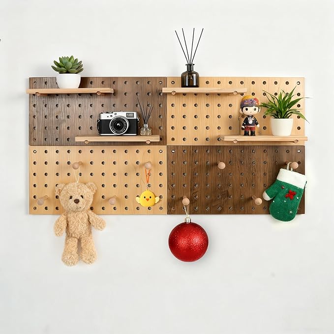 Brown & Beige Wood Pegboard Modular Display Wooden Pegboard Combination Wall Organizer Storage Wall Hooks Shelf for Home, Office, Bathroom, Comes with 4 Pieces Pegboards