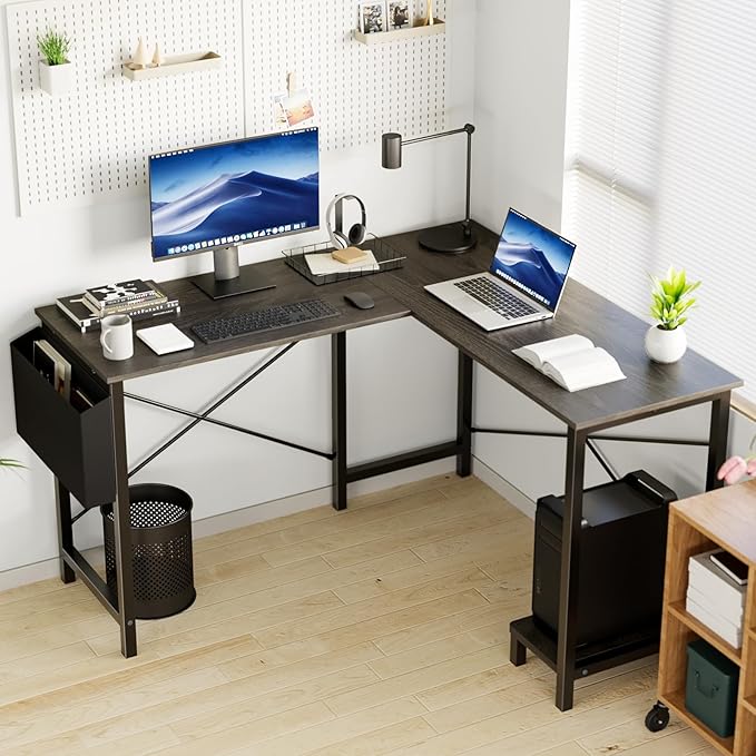 OLIXIS 50-Inch L Shaped Desk,Grey Office Computer Gaming Desks Corner PC Table with Side Bag and Reversible Shelf for Home Work Study Writing
