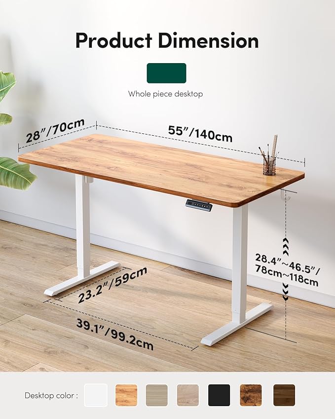 CubiCubi 55 x 24 Large One-Piece Standing Desk, Adjustable Height Electric Computer Home Office Sit Stand up Workstation, with 4 Memory Presets, Headphone Hook, Light Vintage