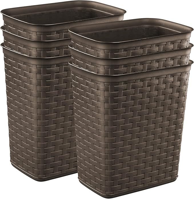 Sterilite 3.4 Gallon Weave Wastebasket, Small, Decorative Trash Can for the Bathroom, Bedroom, Dorm Room, or Office, Espresso Brown, 6-Pack