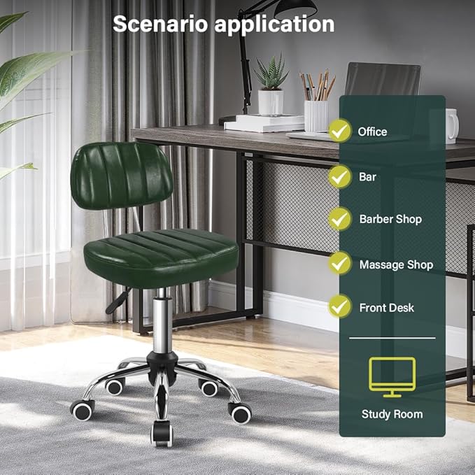 BFTOU Square Swivel Stool with Wheel for Work SPA Shop Massage Height-Adjustable and Cost-Effective Rolling Stool Chair with Back (Green)