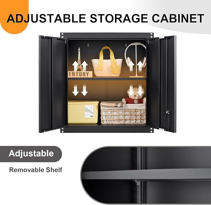 Metal Wall Cabinet, Steel Cabinet Wall Mounted, Lockable Storege Cabinet with Doors and Shelves, Upper Cabinets for Home Office, Pantry, Garage, Black