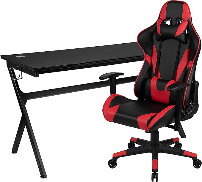 Flash Furniture Gaming Desk and Red/Black Reclining Gaming Chair Set /Cup Holder/Headphone Hook/Removable Mouse Pad Top - Wire Management