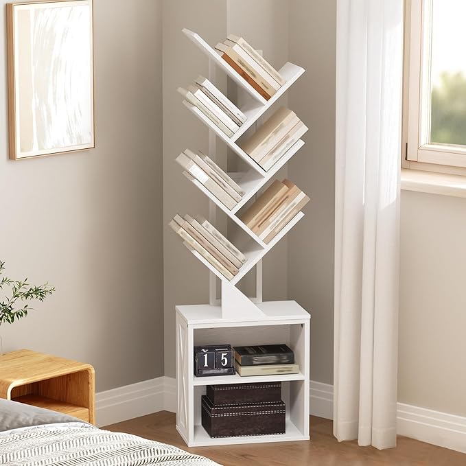 RALGEND Tree Bookshelf, 6 Tier Bookcase with 2 Storage Racks, Free Standing Wooden Bookcase, Floor Standing Book Shelf Organizer for Living Room, Bedroom, Study, Home Office, White