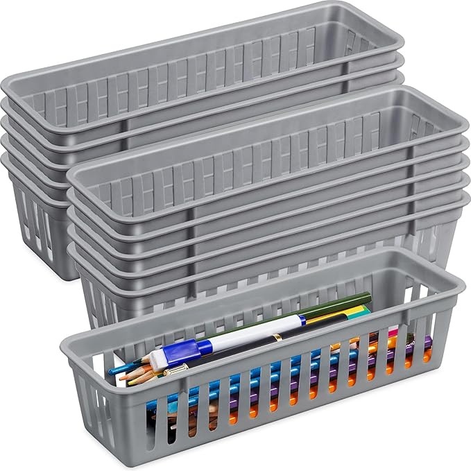 Domensi 24 Pack Slim Plastic Storage Baskets Tray for Organizing 10.25x3.25x2.5 Inch Small Narrow Storage Bins Stackable Drawer Pencil Trays Holder for Desk Garage Cabinet Container (Gray)