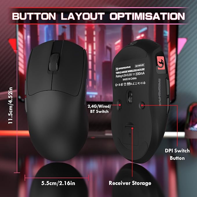 ATTACK SHARK × MAMBASNAKE M4 Wireless Gaming Mouse, 24000 Adjustable DPI PAW3311 Optical Sensor, Programmed Buttons, 52g Lightweight Ergonomic Computer Mice 2.4G/BT/USB-C for PC/Mac-Black