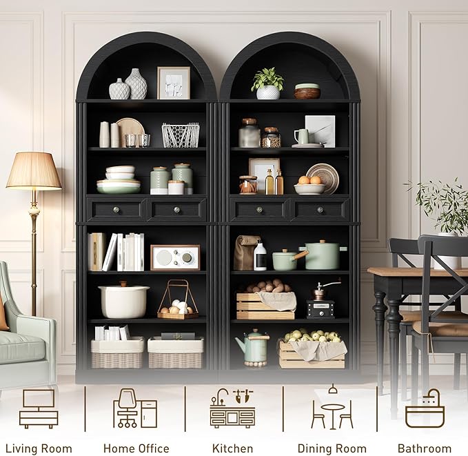 RALGEND Arched Bookshelf Set of 2, 73" Tall Arch Bookcase with Drawer, 6-Tier Farmhouse Book Shelf, Wooden Bookshelf with Open Display Shelves for Living Room, Office, Adjustable Shelves, Black